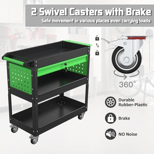 3 Tray Rolling Tool Cart with Drawers, 400 LBS Capacity Mechanic Tool Cart on Wheels, Heavy Duty Utility Cart with Pegboard, Metal Work Cart for Garage and Repair Shop, Blackgreen - Image 6