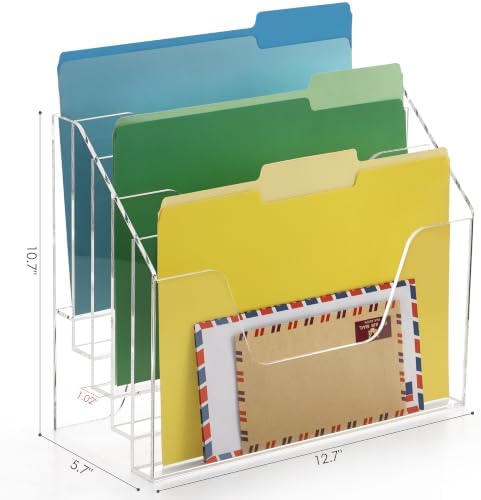 DINGHUO 5 Tier Acrylic Desk Office Wall File Organizer, Clear Wall Mounted File Holder, Magazine Rack Hanging File Organizer (Adhesive Hooks x 2) - Image 2