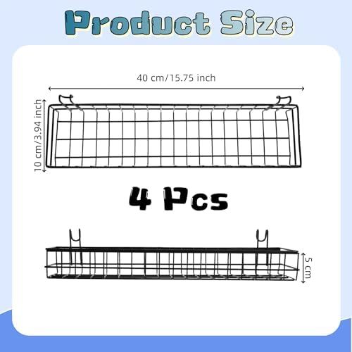 4 Pcs Metal Grid Wall Baskets with Hooks 15.75 x 3.94 x 1.97 Inch Hanging Wire Basket Organizer Wall Mounted Storage Shelves for Kitchen Bathroom Office Home Organizing Display, Black - Image 2