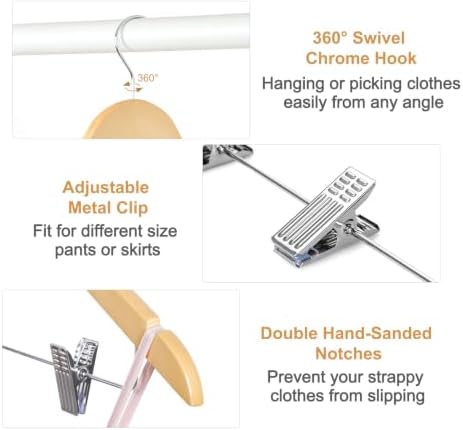 TOPIA HANGER Wooden Suit Hangers with Adjustable Metal Clips (20 Pack), Solid Smooth Wood Clothes Hangers, 360° Swivel Hook, Premium Pants Hangers for Clothes Coat, Jeans, Blouse-Natural, CT28N20 - Image 6