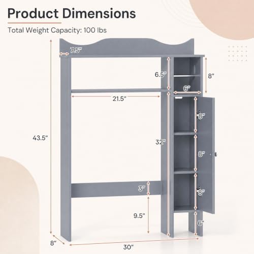 Giantex Over-The-Toilet Storage Cabinet, Bathroom Freestanding Space Saver with 1-Door Side Storage Cabinet & Paper Holder, Toilet Rack Organizer Stand for Bathroom Laundry (Gray) - Image 3