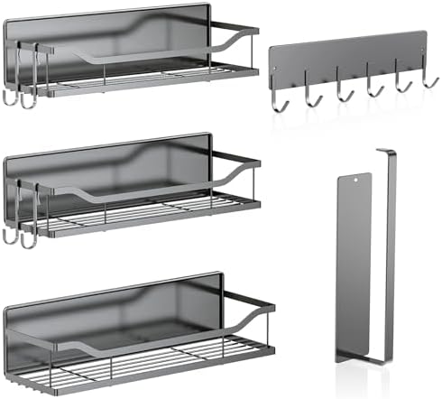 5 Pack Multifunctional Magnetic Shelves for Refrigerator Spice Rack & Washing Machine Organize, Include Paper Towel Holder, Kitchen Utensil Hanger and Hooks, Strong Magnet for Secure Hold (Gray) by Unknown
