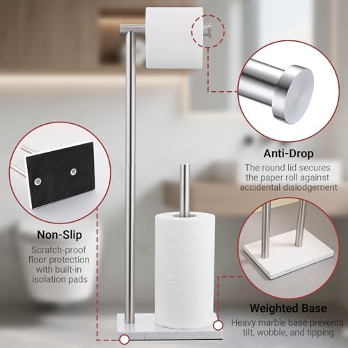 Hoooh Free Standing Toilet Paper Stand with Marble Base, Brushed Nickel - Image 6