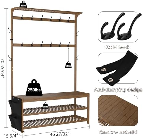 AMBIRD 6-in-1 Bamboo Hall Tree with Shoe Storage, Entryway Organizer Shoe Bench with 16 Coat Hooks and Cloth Bag, Sturdy Bamboo Storage Bench, 46 * 15 * 70 inches Brown - Image 3
