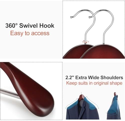 TOPIA HANGER Wide Shoulder Wooden Hangers, Suit Hangers with Non Slip Pants Bar & 360° Swivel Hook, Solid Wood Heavy Duty Coat Hanger, 6 Pack (Matte Cherry)-CT02C - Image 3