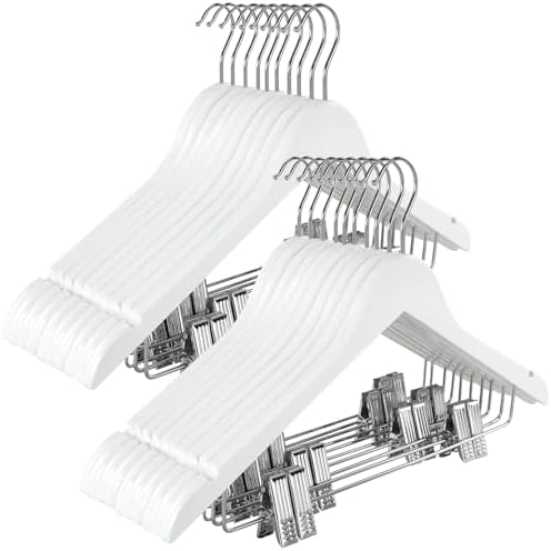 TOPIA HANGER Wooden Suit Hangers with Adjustable Metal Clips (20 Pack), Solid Smooth Wood Clothes Hangers, 360° Swivel Hook, Premium Pants Hangers for Clothes Coat, Jeans, Blouse-White,CT28W20 by TOPIAHANGER