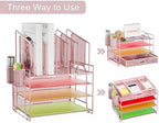 Marbrasse Desk Organizers, 4-Tier Mesh Desk File Organizer with 5 Vertical File Holders and 2 Pen Holders, Multifunction Desktop Organizer,Desk Organizers and Accessories for Home Office (Pink) - Image 4