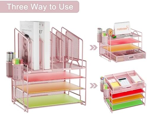 Marbrasse Desk Organizers, 4-Tier Mesh Desk File Organizer with 5 Vertical File Holders and 2 Pen Holders, Multifunction Desktop Organizer,Desk Organizers and Accessories for Home Office (Pink) - Image 4