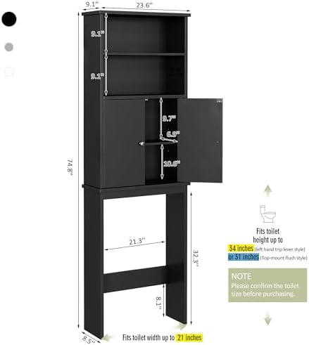 Over The Toilet Storage Cabinet for Bathroom, Storage Organizer Over Toilet, Space Saver W/Adjustable Shelf & Open Shelves, 75in, Black - Image 2