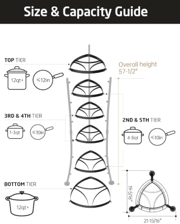 KES 264 Lbs Capacity Freestanding Pot Rack, 6-Tier Cast Iron Cookware Stand with 6 Hooks, Pots and Pans Storage Tower for Kitchen Corner, Stable Base, Anti-tip Strap & Floor Protectors, Black - Image 6