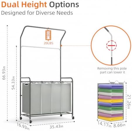 ROMOON Laundry Hamper Sorter Cart, 4 Section Organizer with Hanging Bar - Image 6