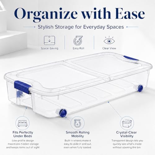 66 Qt Rolling Underbed Storage Bin with Split Lid, Clear Plastic Box, 2pack - Image 2