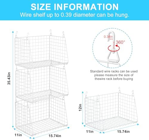3-Pack Large Hanging Laundry Basket: Wire shelves for Laundry Room Organization with 360°Rotating Hooks Foldable Space Saving Over Washer and Dryer Shelves -Metal Laundry Basket Holder, White Patent - Image 6