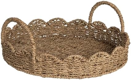 Household Essentials Round Handwoven Seagrass Tray with Scalloped Edge and Handles, Natural by HouseholdEssentials