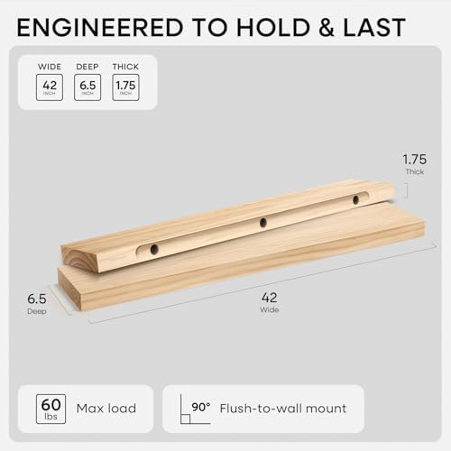Homeforia 42 Inch Floating Shelves, High-End Solid Pine Wood, Set of 2 - Image 2