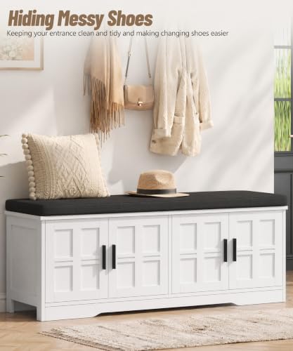 Akxomel 47.2" Shoe Storage Bench 4 Doors Wooden Entryway Bench White - Image 4