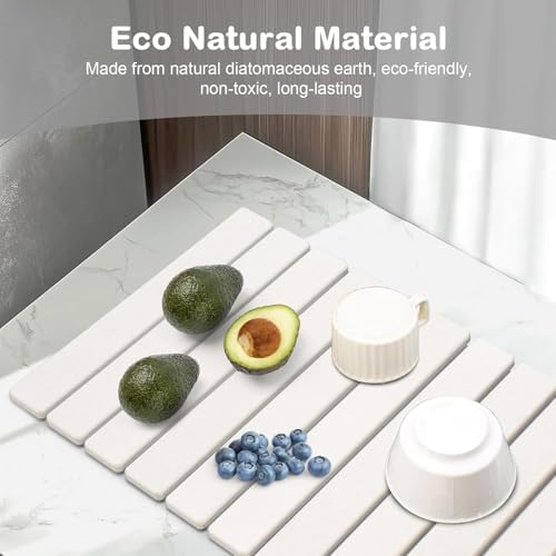 2Pcs Large Stone Dish Drying Mat for Kitchen Counter, Foldable Super Absorbent Diatomaceous Earth Mats with Anti-Slip Leather Base, Quick Drying Modern Dish Mat (White, 24"x 16" & 8"x 4" ) - Image 3