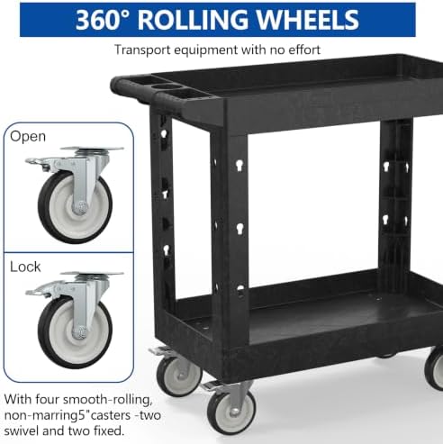 Large Garage Plastic Utility Cart, Heavy Duty 2 Shelf Tool Cart Service Cart Rolling Push Carts with Ergonomic Handle 5" Swivel Casters. - Image 5