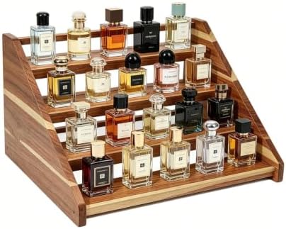 Acacia Wood 4 Tier Slanted Cologne Stand for Men, Wooden Fragrance Display Rack for Dresser Counter Bathroom Vanity by Arflo