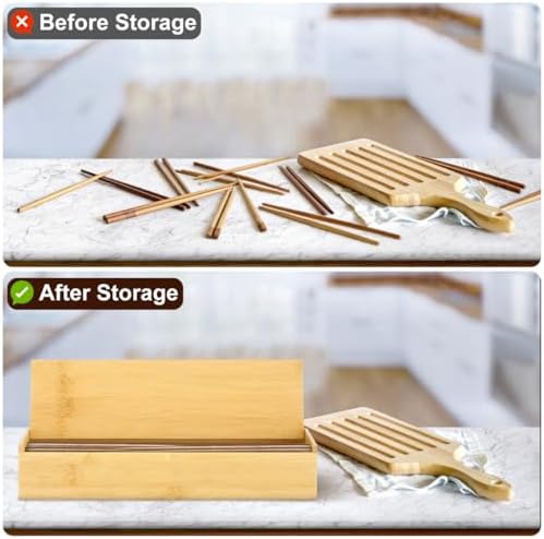 Cabilock Wooden Cutlery Box with Lid, Kitchen Chopsticks Box Utensils Drawer Organizer Bamboo Storage Case Countertop Silverware Container for Tableware - Image 5