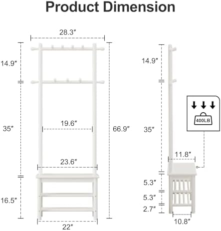 AQIMUELE Coat Rack with Shoe Storage, Narrow Wooden Hall Tree with Bench, 11 Hooks and 2-Tier Storage Shelves, 3-in-1, Entryway Bench with Coat Rack (23.6"-Deep White) - Image 2