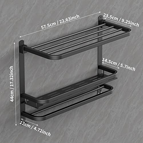 CAXIMSY 22.8Inch Towel Rack for Bathroom and Lavatory Towel Hanger with Wall Mount Towel Bars 304 Stainless Steel No Drill (Collapsible Black Towel Rack with Bathroom Organize Shower Shelves) - Image 2