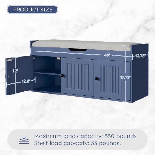 40" Storage Bench - Entryway Shoe Bench with 3 Doors and Top Storage Area, Multifunctional Entryway Bench with Lift Top Cushion, Shoe Storage Bench for Bedroom, Living Room, Navy Blue - Image 2