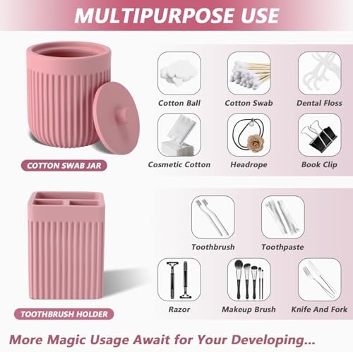 XLHOMO Resin Pink Bathroom Accessories Set 5 Pcs, Lotion Soap Dispenser, Toothbrush Holder, Bathroom Tumbler, Qtip Holder and Vanity Tray, Bathroom Countertop Organizer Set for Modern Home Apartment - Image 4
