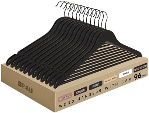 Wooden Clothes Hangers with Pants Bars, Black, 96-Pack by BP4U%E2%84%A2