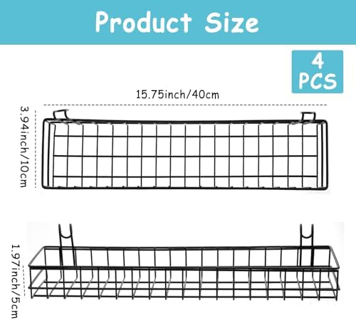 4 Pcs 15.75 x 3.94 x 1.97 Inch Black Metal Grid Wall Hanging Basket, Wire Storage Organizer Baskets with Hooks for Kitchen, Bathroom, Home Decor - Image 2
