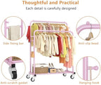 Laiensia Double Rods Garment Rack with Wheels, Clothing Rack for Hanging Clothes,4 Hooks, Multi-Functional Bedroom Clothes Rack, Pink - Image 5