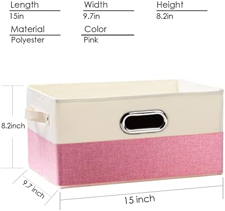 PRANDOM Large Collapsible Storage Baskets for Closet [3-pack] Decorative Fabric Storage Bins Cubes with Leather/Metal Handles for Shelves Bedroom Living Room Pink&Cream (14.9x9.8x8.3 Inch) - Image 4