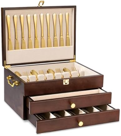 Silverware Storage Box, 3-Layer Flatware Storage Case with Drawer, Wooden Silverware Chest with Handle and Linen Liner, Rustic Silverware Case for Storing Fine Flatware and Utensils (Walnut) by Yoimori