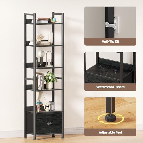 Furologee 6 Tier Bookshelf with Drawer, Tall Narrow Bookcase, Black Oak - Image 5