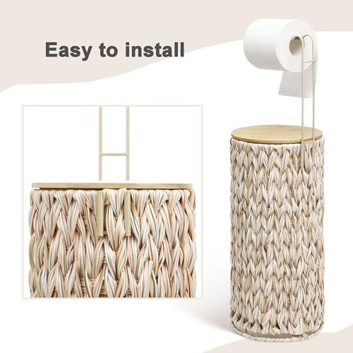 Toilet Paper Holder Stand with Lid Free Standing Storage for Bathroom Beige - Image 3