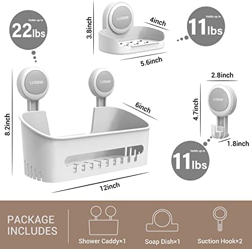 LUXEAR 4 Pack Shower Caddy Set - Suction Cup Shower Shelf+Soap Dish+Hooks - 1 Sec Installation NO-Drill Removable Powerful Waterproof Organizer for Bathroom/Kitchen/RV 22LBS Capacity Removable - Image 2
