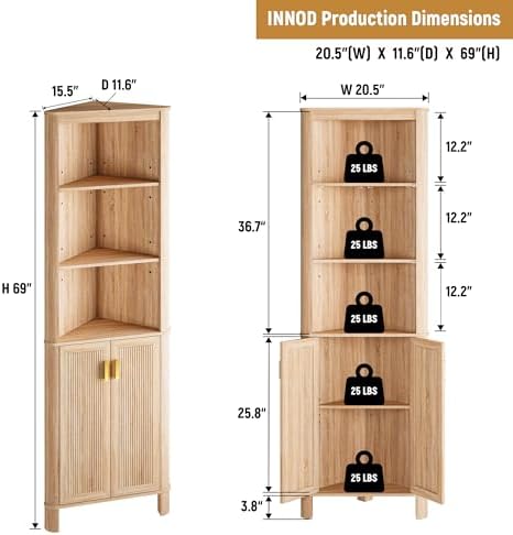 INNOD 69" Tall Corner Shelf with Doors, 6-Tier Corner Storage Cabinet with Doors, Space Saver Shelf for Bathroom, Bathroom Floor Cabinet for Living Room Kitchen, Hallway - Image 2