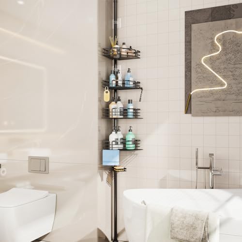 Consumest Corner Shower Caddy Tension Pole - Rustproof Shower Shelves with Towel Bar & Soap Holder, Adjustable Bath Organizer for Bathroom Storage, 27.6-108.3 inch, Black - Image 6