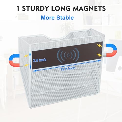 EASEPRES Magnetic 3 Pocket Mesh Hanging Wall File Organizer, Wall Mounted Mail Paper Document Folder Holder, Clipboard Storage Magazine Rack with Nametag Label for Office Home School, White - Image 2