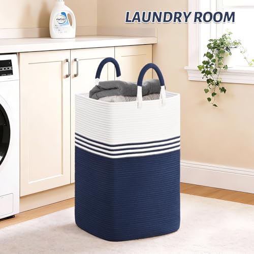 Laundry Basket Hamper,Blanket Storage,Dirty Clothes Hamper with Swivel Handles,Woven Cotton Rope Toy Baskets,Blanket Basket Living Room,Decorative Hampers for Nursery,Bedroom,White & Blue,80L - Image 3