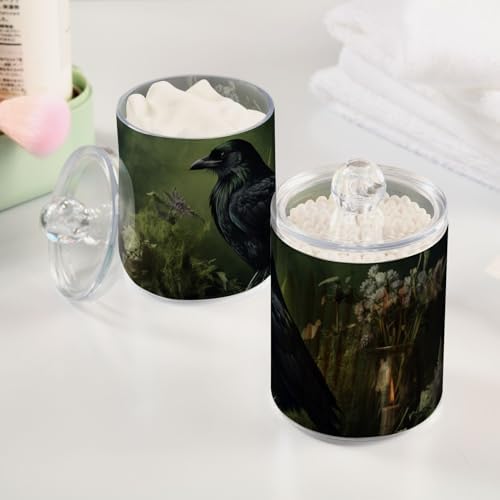 Qtip Cotton Ball Holder Dispenser with Lid, Raven Book Flower Print Plastic Jars Bathroom Canisters Storage Organizer 4 Pack - Image 5