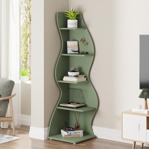 Tribesigns Corner Shelf, Modern 5-Tier Wall Corner Bookshelf, Stylish Corner Small Bookcase Storage Rack Plant Stand with Unique Shape for Living Room, Home Office (Sage Green, 1PC) - Image 5