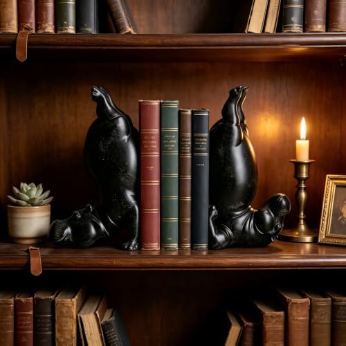 Black Resin Hippo Bookends Set of 2 – Heavy Duty Decorative Book Ends for Shelves, Unique Animal Book Stopper for Heavy Books, Hippo Decor for Home Office Bookshelf, Book Lover Gift - Image 2