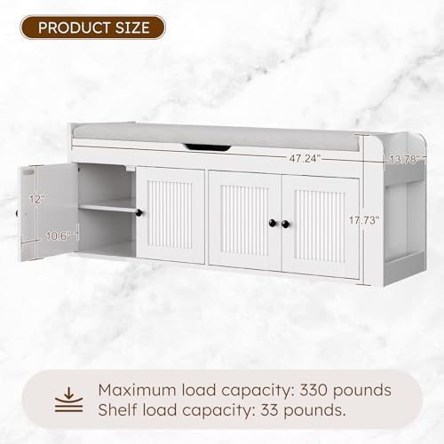47.2" Storage Bench - Entryway Shoe Bench with Side Storage Shelves and 4 Doors, Multifunctional Entryway Bench with Lift Top Cushion, Shoe Storage Bench for Bedroom, Living Room, White - Image 2