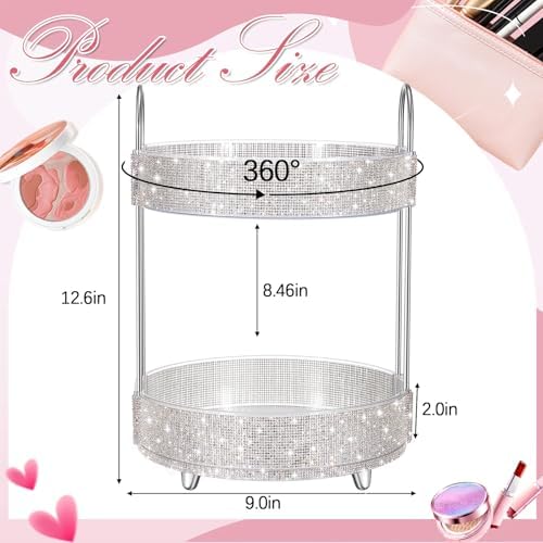 Honeydak Rotating Perfume Organizer Tray, 2 Tiers, Rhinestone, White - Image 2