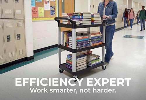 Commercial Heavy-Duty Utility Service Cart | 3 Shelf | | 450 Lbs Max Capacity | Rolling Utility Cart W 33" x H 37" x D 16" Black - Image 6