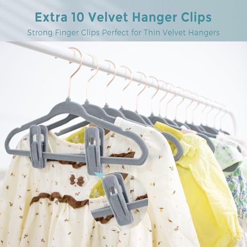 14 Inch Kids Velvet Hangers 50 Pack, Non-Slip Child Hangers, Space-Saving Closet Hangers for Big Kids & Youth, Durable Felt Kids Hangers with 10 Clips & 360° Rose Gold Hook (Gray) - Image 6