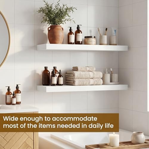 Dreamland Floating Shelves, Rustic Wooden White Wall Shelves for Bathroom|Bedroom|Kitchen, Deep Wall Mounted Book Shelf, Wood Storage Display Shelf for Home Decor, 22.5" X 6.7" Set of 2 - Image 4