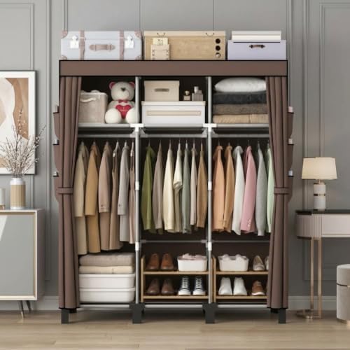Portable Non-Woven Fabric Wardrobe, 3 Hanging Rods & Multi Tier Storage Shelves, 18 Side Pockets Clothes Closet Organizer, 130×45×172cm for Bedroom Dorm Living Room (Coffee) - Image 5
