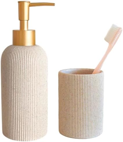 Boho Beige Bathroom Gold Bundle: Elegant 7oz Hand Soap Dispenser & Small Toothbrush Holder, Modern Farmhouse Style, Rust Proof, Unbreakable by LUNESTELLA